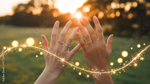 Golden Hour Promise: Two hands, adorned with wedding rings, reach towards a radiant sunset, symbolizing a commitment and a future full of golden moments.