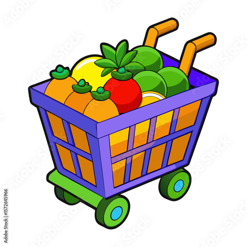 Cartoon shopping cart overflowing with colorful fruits and vegetables oranges lemons