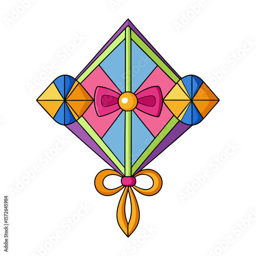 Colorful diamond shaped kite with geometric patterns a pink bow and yellow ribbon tail vector