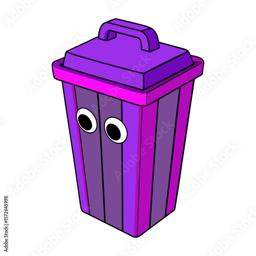 Cute purple trash can with googly eyes cartoon isolated