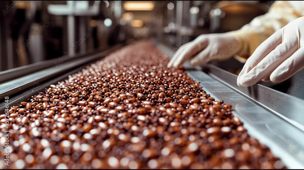 Worker inspecting edible insect protein on food processing line in factory, hands in gloves sorting roasted cricket protein granules for sustainable food production
Worker inspecting edible insect protein on food processing line in factory, hands in gloves sorting roasted cricket protein granules for sustainable food production
