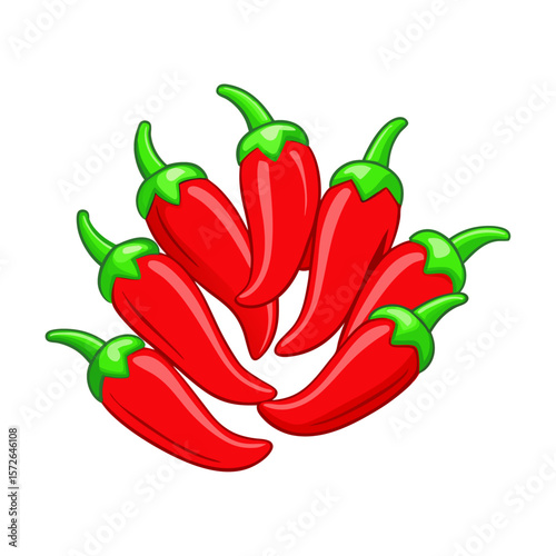 Vibrant red chili peppers with green stems arranged in a fan shape food spice