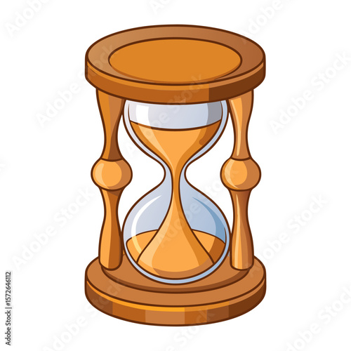 Wooden hourglass with flowing orange sand and clear glass time passage of time
