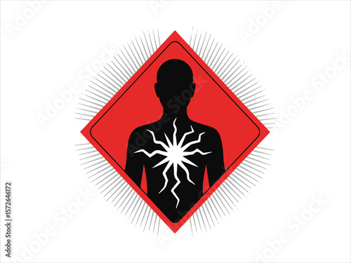Silhouette of a person with a radiating starburst in their chest on a red diamond background