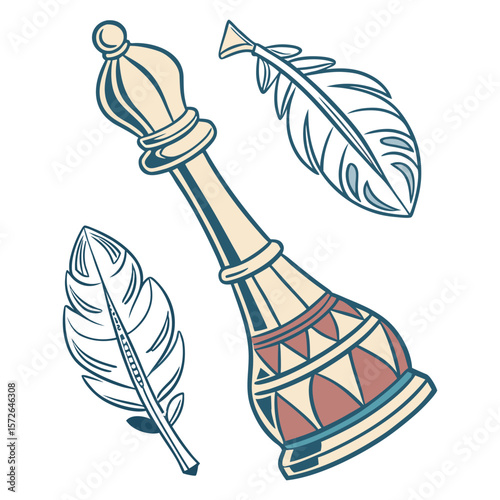 Beige Chess Queen Piece with Teal and Red Geometric Design Two Feathers