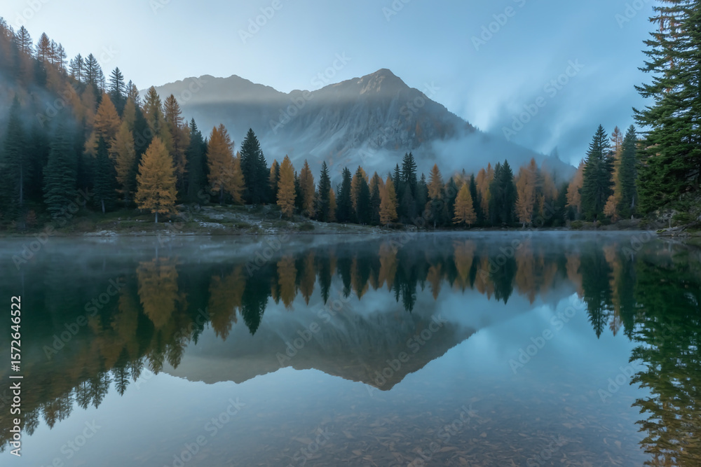 Fototapeta premium Mountains and trees reflect in a serene lake under a misty sky