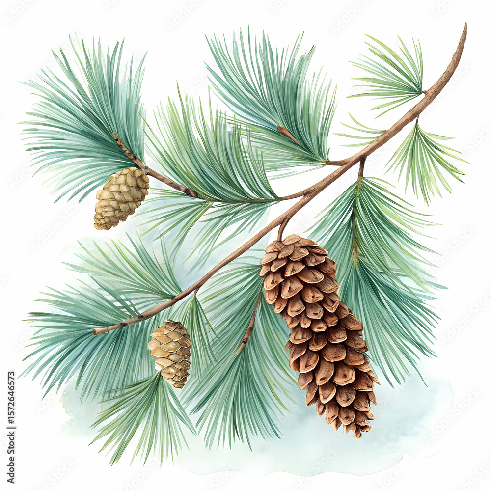 Fototapeta premium watercolor pine branches with cones illustration