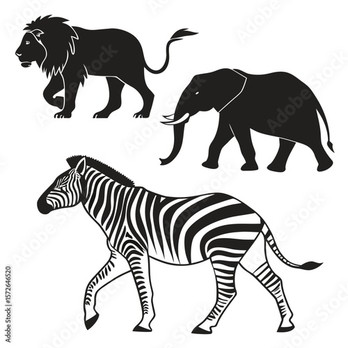 African Wildlife Silhouettes – Lion, Elephant, and Zebra Vector Illustration.