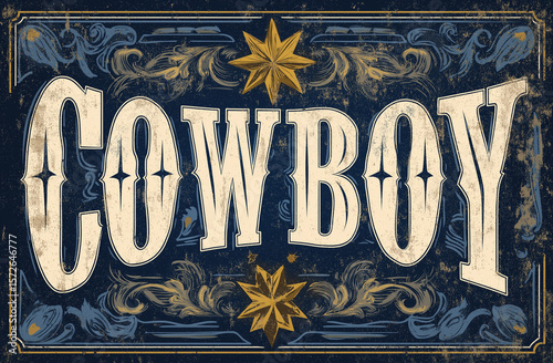 Distressed, textured cowboy font with bold and cursive style., sign,