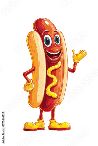vintage retro style hot dog cartoon mascot character with expressive face and gestures