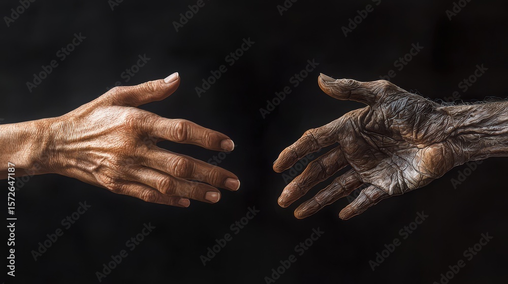Fototapeta premium Connecting generations a tender touch between young and old artistic representation dimly lit studio emotional depth