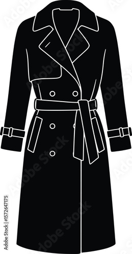 Vector Fashion Illustration of a Stylish Black Trench Coat in Minimalist Design for Modern Wardrobe Inspiration