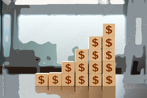 Beige Cubes with Brown Dollar Signs Ascending on White Background
