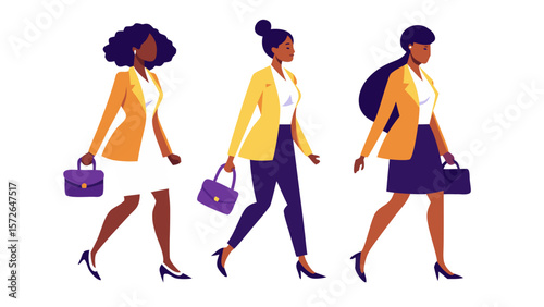 Walking Businesswomen Illustration – Flat Design of Dark-Skinned Female Professionals in Motion