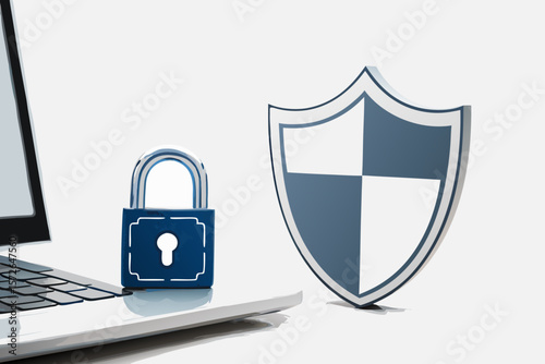 Blue Padlock and Shield Cybersecurity Concept on Laptop