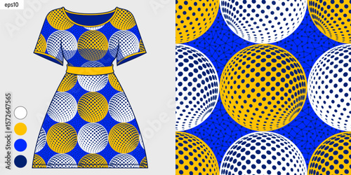 Women dress and skirt with seamless African tribal circle and dots pattern, ethnic textile design, fabric imitation style for business presentation, fingerprint vector art, not AI generated
