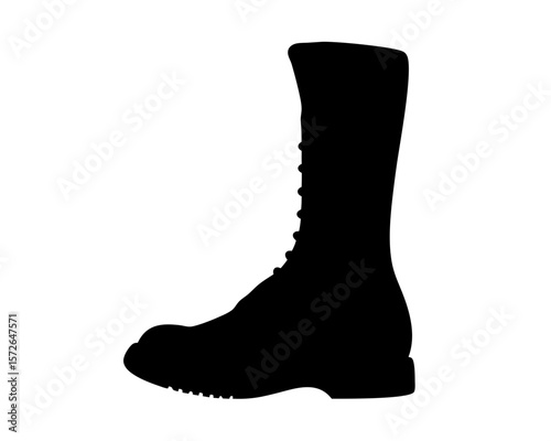 Silhouette of a tall, black, laced boot standing upright on white