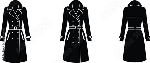 Fashion Vector Illustration of Stylish Trench Coats in Black, Modern Design Showcase, Minimalist Style