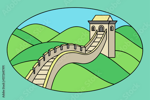 Line Drawing Great Wall of China Winding Through Green Hills