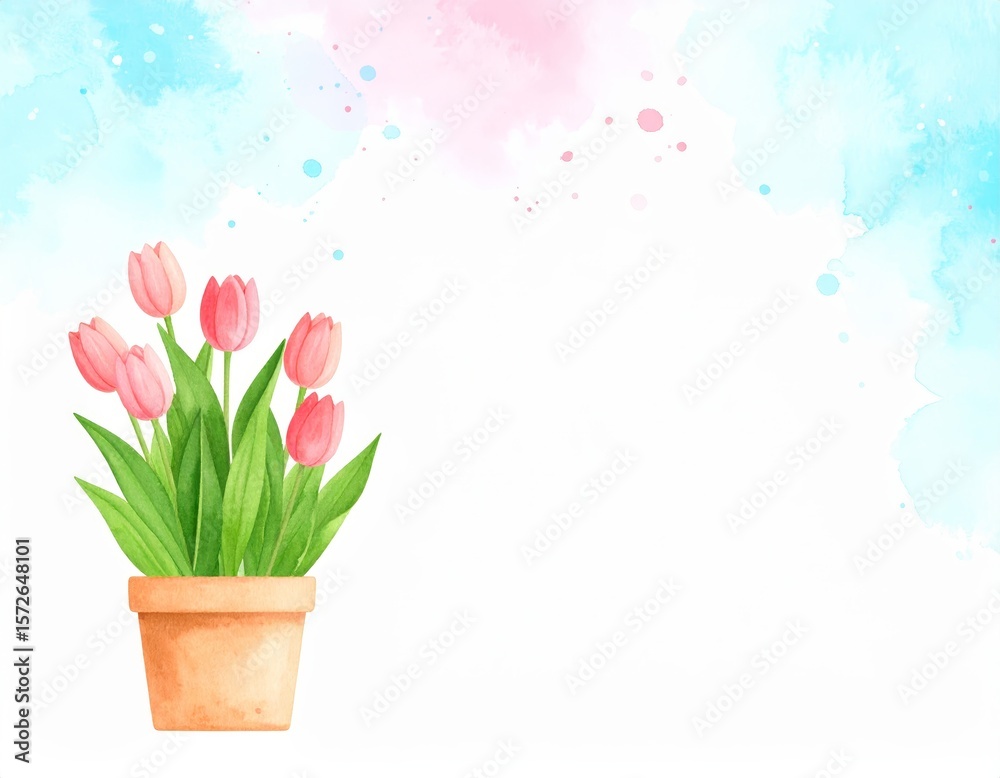 Obraz premium Vibrant pink tulips in a pot against calming blue background, spring still life