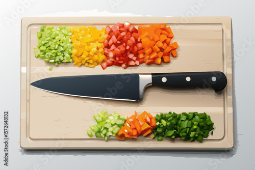 Diced Vegetables and Kitchen Knife on Wooden Cutting Board