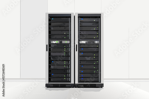 Minimalist Server Rack with Blinking L E D Lights on White Background