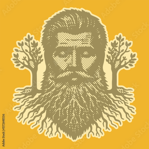  Halftone papercut effect vibrant color postal stamp vector of a bearded man with tree roots growing from his beard, artistic nature fusion, creative portrait, detailed line art, unique design