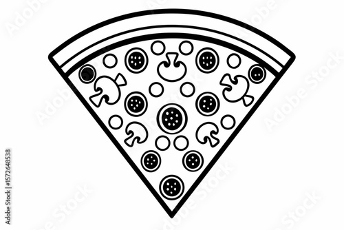 Outlined Pizza Slice with Mushrooms and Pepperoni on White Background