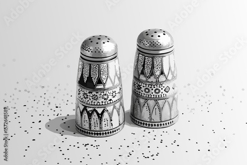 Ornate Silver Salt and Pepper Shakers Line Art salt shaker