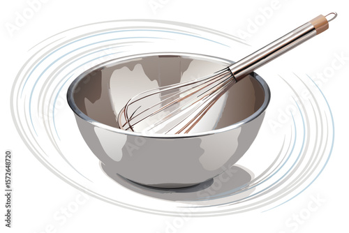 Silver Mixing Bowl and Whisk on White Background kitchen utensil
