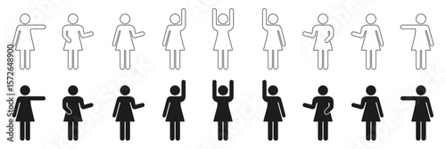 Female Figure Gesture Icon Set. Diverse Hand Movements And Poses Outline And Silhouette Symbol Collection. Communication And Body Language Representation. Isolated Vector Illustration