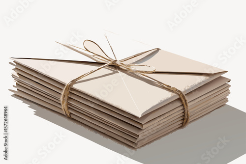 Stack of Beige Envelopes Tied with Brown Twine on White Background