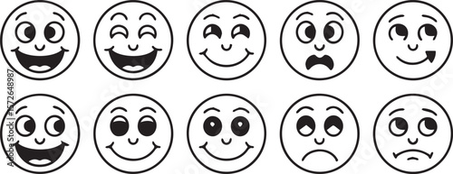 A collection of ten cartoon smiley faces expressing a variety of emotions from happy to sad and surprised presented in a simple black and white line art style