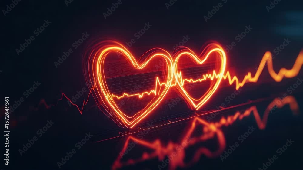 Glowing red heart shapes connected by vibrant electrocardiogram line pulse with love energy creating dynamic glowing connection and vibrant heartbeat line on dark background