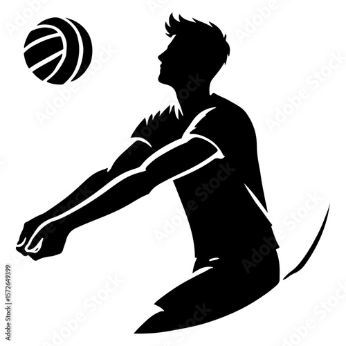 A Kneeling Player Braces His Arms To Bump A Low-Flying Volleyball.