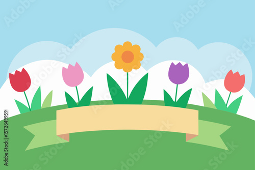 Banner Among Multicolored Spring Flowers In