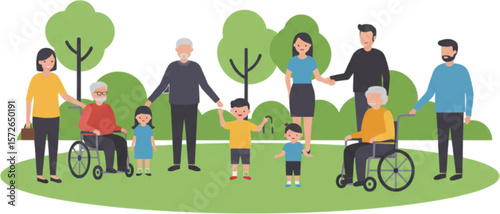 Multigenerational family enjoying a park outing, including individuals in wheelchairs.