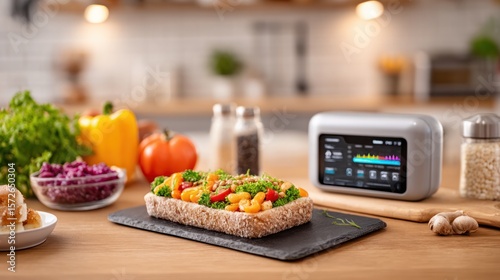 Healthy Open Sandwich in Modern Kitchen: A healthy open sandwich adorned with fresh vegetable on display alongside modern kitchen appliances, bathed in the soft glow of kitchen lights.