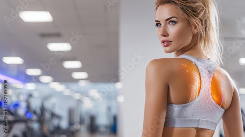Sculpting Strength: A woman's poised figure, showcasing defined back muscles and toned physique, embodies fitness and a healthy lifestyle, against a gym backdrop.