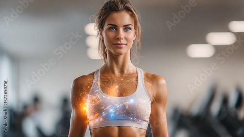 Gym fitness: A determined woman, radiating strength and wellness, poses in a modern fitness center, with soft focus details of her fitness.