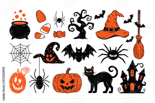   Halloween Doodles Pack: Witch Hats, Skull, Moon, Candy, Bats, and More”