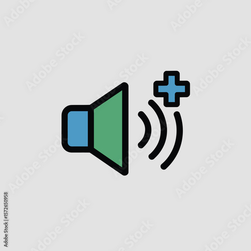 Minimalist Icon Design Speaker Volume Increase Blue Green Plus Symbol Sound Waves Audio Control Interface Element