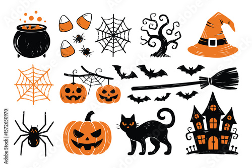 “Whimsical Halloween Doodles Pack: Witch Hats, Skull, Moon, Candy, Bats, and More”

