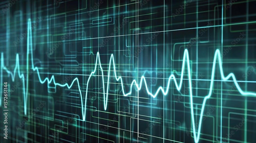 Close-up of an electrocardiogram (ECG) showing a printed graph with wavy lines representing heart activity, including P waves, QRS complexes, and T waves, displaying cardiac rhythm and electrical impu Close-up of an electrocardiogram (ECG) showing a printed graph with wavy lines representing heart activity, including P waves, QRS complexes, and T waves, displaying cardiac rhythm and electrical impu