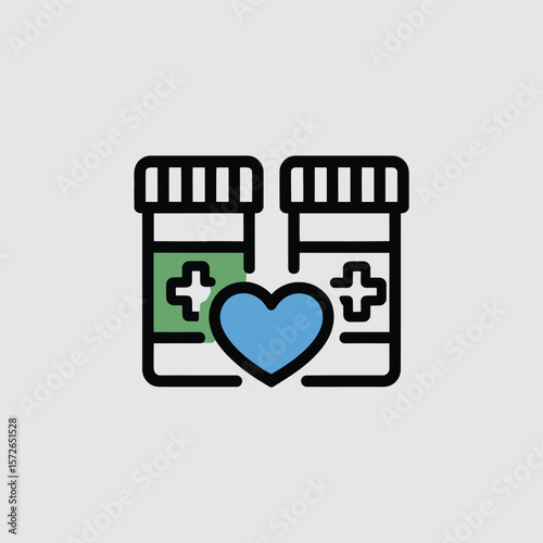 Minimalist Icon Design Two Green Medicine Bottles with Plus Symbols and a Blue Heart Centered Between Them on a Light Gray Background