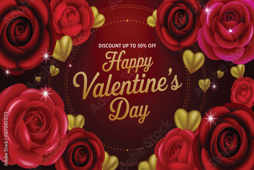 Luxurious Valentine's banner with glossy 3D red roses, gold script text, golden hearts, sparkles, and dramatic gradient background 