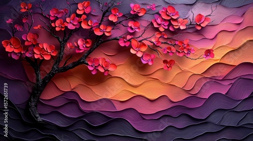 Blooming tree over layered hills