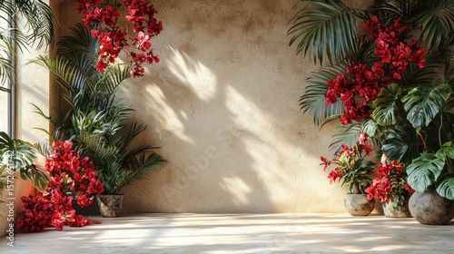 Beige room with vibrant red flowers and lush plants
