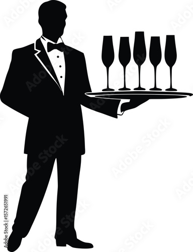 Waiter holding a tray with wine and champagne vector silhouette illustration