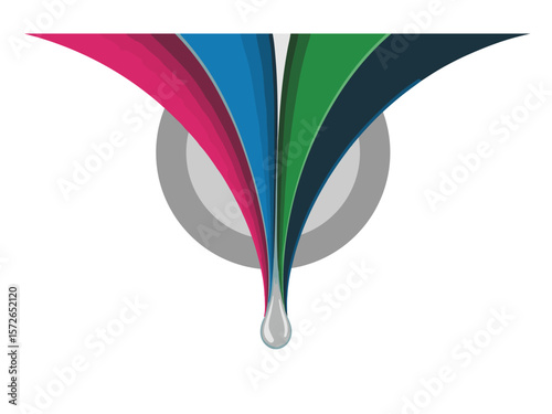 Abstract colorful curved ribbons flowing down into a single drop